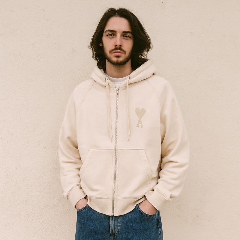 Ami Alexandre Mattiussi Ami De Coeur Zip Up Hoodie Size Small Cream Sweatshirt